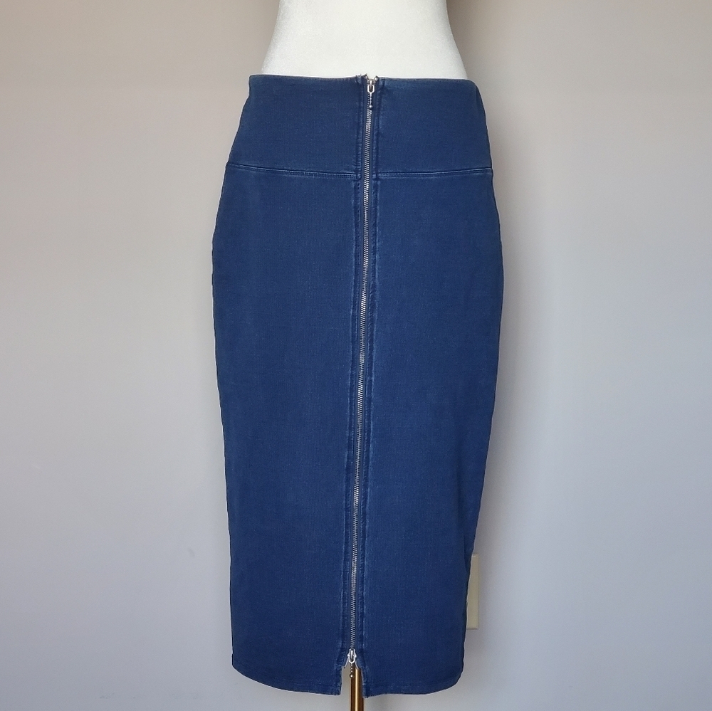 Athena Marie Two Way Zip Pencil Midi Skirt Blue Classic Work Office Career